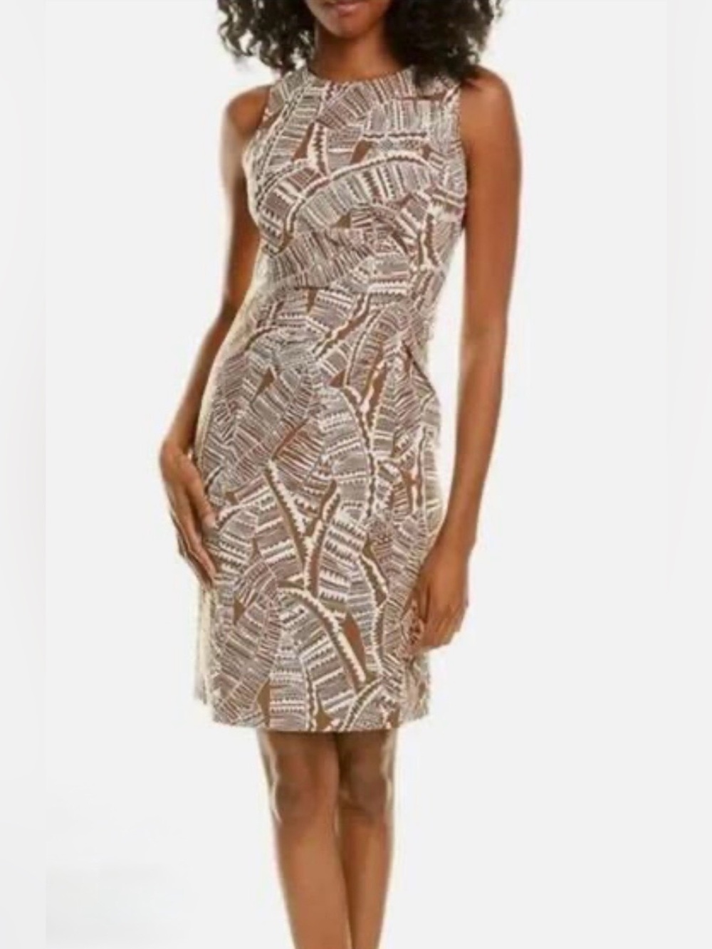 J. McLaughlin Anne Sheath Dress Womens 6 Brown White Tribal Print Ruched Side